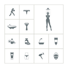spa treatments icon set, with taking a shower, face mask, lotion