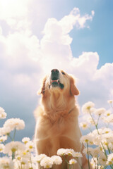golden retriever senior dog/pet/animal companion in a natural landscape setting surrounded by clouds and blue sky representing pet loss, grief, rainbow bridge - generative ai art
