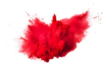 Keuken spatwand met foto Abstract red color holi paint splashes and motion of red powder festival explosion, colorful dust exploding isolated on white background. © PrettyStock
