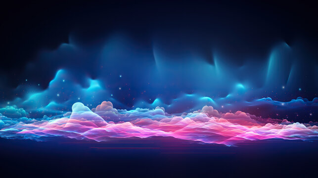 Digital, neon colored, illuminent lines crossing clouds at night over dark background. Abstract high-tech design for wallpaper, background and banner. Break through. Modern vision, virtual art.