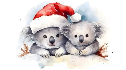 Watercolor illustration of family koalas in the Santa Claus hats