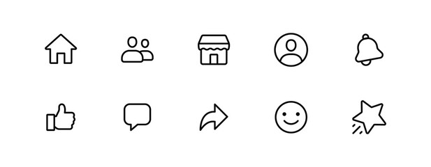 Social network app, Web icons set. home, friends, marketplace, bell, star, give, emoji, icon - Social media notification icons. like, comment, share, thumb up, icon, button. vector app interface