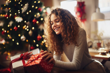 Obraz na płótnie Canvas A photo of teen girl with christmas gift