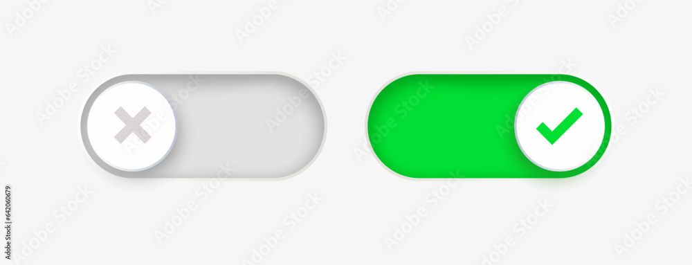 Poster on off toggle switch buttons and check mark icon . switch toggle slider icon with right and wrong in red and green buttons. turn on and turn off icons buttons, web UI interface vector illustration