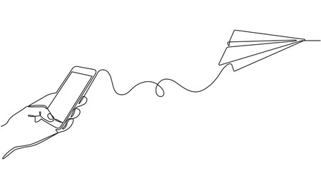 Continuous line drawing of a cell phone sending messages. Concept of a hand holding a smartphone and sending an instant message with a flying paper airplane in doodle style.. illustration