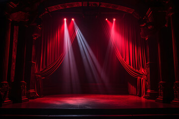 The theater stage light background with spotlight illuminated the stage for a passionate performance event. Empty stage with dramatic red colors. Entertainment show. Stage curtain.
