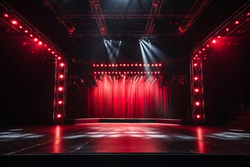 Event stage light background with spotlight illuminated the stage for rock concert. Passionate performance event stage. Empty stage with dramatic red colors. Entertainment show.