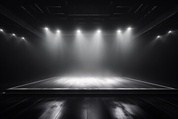 Contemporary dance stage light background with spotlight illuminated the stage. Stage lighting performance show. Empty stage and monochromatic colors. Serene scene. Entertainment show. - obrazy, fototapety, plakaty