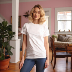 Young woman wearing a white casual tshirt for mockup design, AI Generated