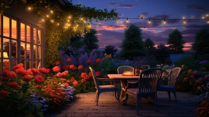Summer evening on the patio of beautiful suburban house with lights in the garden created with Generative AI