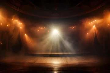 Poster Theater stage light background with spotlight illuminated the stage for opera performance. Empty stage with warm ambiance colors, fog, smoke, backdrop decoration. Entertainment show. © Artinun