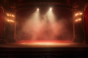 Theater stage light background with spotlight illuminated the stage for opera performance. Empty stage with warm ambiance colors, fog, smoke, backdrop decoration. Entertainment show.