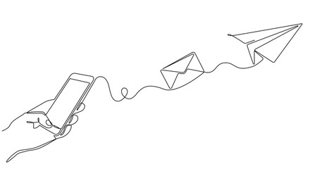 Continuous line drawing of a cell phone sending messages. Concept of a hand holding a smartphone and sending an instant message with flying envelopes and paper airplanes in doodle style. illustration