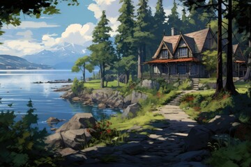 Fototapeta na wymiar Wooden cabin surrounded by mountains u lake