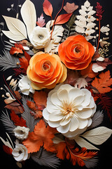 Minimal flat lay pattern of floral arrangements. Light orange, red and white. Fall theme.