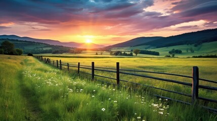 Fototapeta na wymiar Sunrise against the backdrop of a field with grass