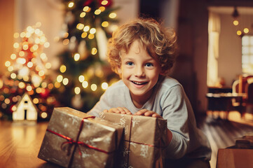 Fototapeta na wymiar A photo of small boy with Christmas gift