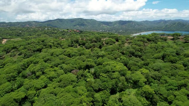 Beautiful aerial footage of Playas del Coco, Hermosa Beach and its green mountains, bay and yachts in Costa Rica