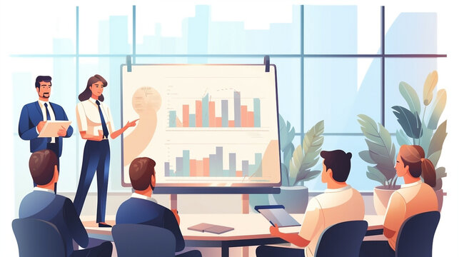 flat vector illustration of business meeting in a office with graph and charts on presentation screen