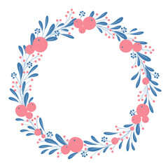 Obraz na płótnie Canvas Round frame wreath of blue leaves with red berries for greeting cards. Christmas decorations for postcards. Design for invitations and cards. Flat doodle style. Vector illustration.