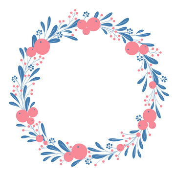 Round frame wreath of blue leaves with red berries for greeting cards. Christmas decorations for postcards. Design for invitations and cards. Flat doodle style. Vector illustration.