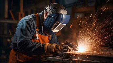 Working welder in a helmet, performs welding work.