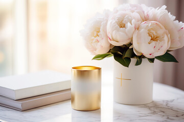 Elegant Peony Workspace. A stylish workspace with a vase of peonies, creating an elegant and feminine office ambiance. - obrazy, fototapety, plakaty