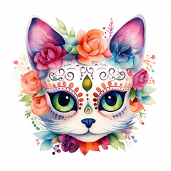 Watercolor portrait of the cat with roses - 642066069