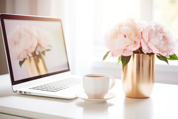 Stylish Pink Peony Workspace. A feminine workspace with pink peonies, a coffee mug, and a laptop, exuding style and elegance. - 642066090