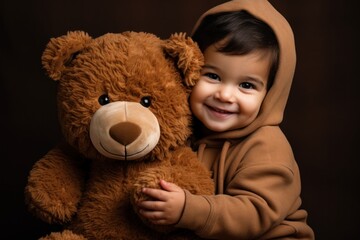 Toddler in cocoa-brown onesie against warm brown.