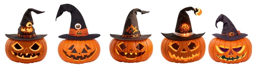 Halloween pumpkin set, Jack pumpkin isolated on transparent background for design, pumpkin in hat in Harry Potter style