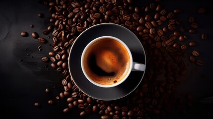 Obraz na płótnie Canvas a steaming cup of coffee with coffee beans spread around it