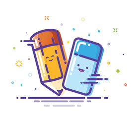 Cute outline illustration of pencil and eraser in MBE style