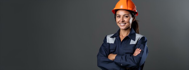 A woman in a helmet, an engineer, a builder with crossed arms, a banner on a gray background, with an empty copy space.