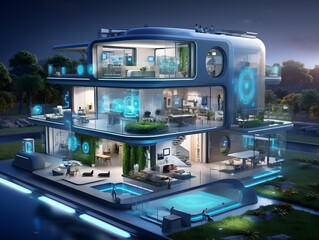 Fototapeta na wymiar Interior illustration of futuristic smart home with artificial intelligence building concept 