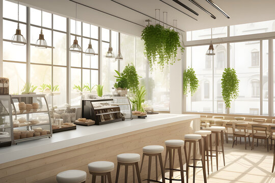 Realistic 3D render interior design of a bistro cafe with white counter, bakery display, long wooden counter with high chairs by the window. Morning Sunlight, Hanging plants, Coffee shop, Background.