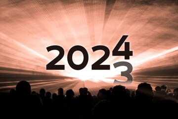Turn of the year 2023 2024 orange laser show party. Luxury entertainment with people crowd audience silhouettes at new year celebration. Premium nightlife event at holidays season time - 642068214