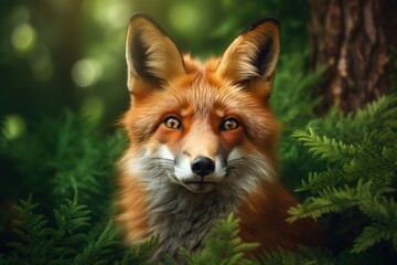 Obraz premium Red fox in the green forest. Generative Ai wild animal
