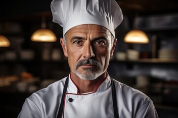 Portrait of a chef in kitchen. Handsome middle aged cooking worker generated by AI
