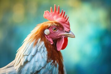 Close up of a rooster. Chicken face portrait close-up. Generative AI domestic animal
