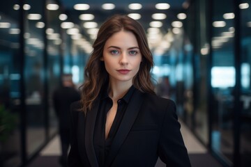 Fototapeta premium Beautiful young business woman in black jacket, face portrait close-up, blurred glass office room background. Generative AI female office worker