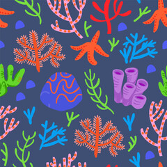 Fototapeta na wymiar Cute vector colorful seamless pattern with red corals on dark background. Coral reef, shells, star fish. Vector illustration