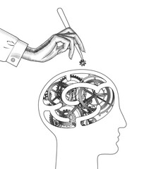 Brain work. The theme of education is putting knowledge into the head. A hand with tweezers inserting a gear wheel into a human head with a brain in the form of a mechanism. Vector Illustration