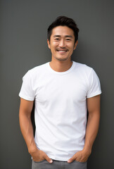 モックアップ用白い無地Tシャツを着て笑う日本人男性のポートレート