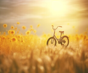 Naklejka premium Bicycle in a Sunny Sunflower Field: Capturing the Essence of Autumn. Copy Space Included 