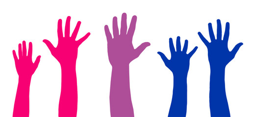 Bisexual flag colors painted hands raised. Gay pride symbol