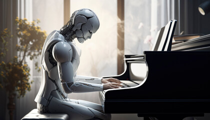 AI humanoid robot creating artificial music with artificial intelligence, future ai musictehnology - obrazy, fototapety, plakaty