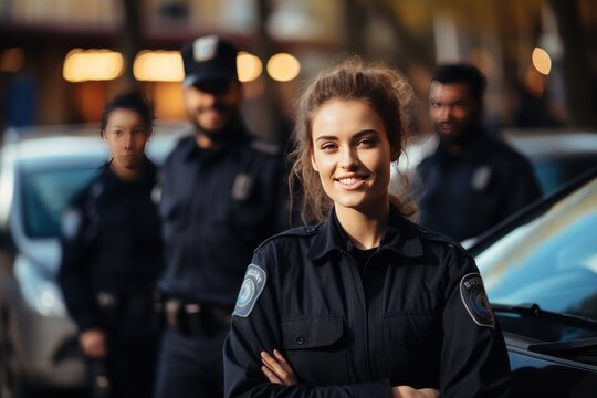 Portrait of a female police officer standing with her team in the background