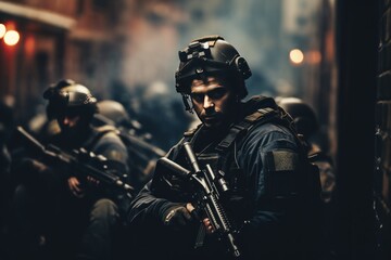 Swat forces. SWAT officer in full tactical gear.. SWAT. Police. Special Forces. Army. Special police team in action. - obrazy, fototapety, plakaty