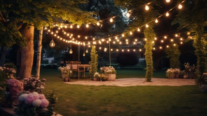 Garden with outdoor string lights, wooden floor planks, candles and lamps in the evening created with Generative AI